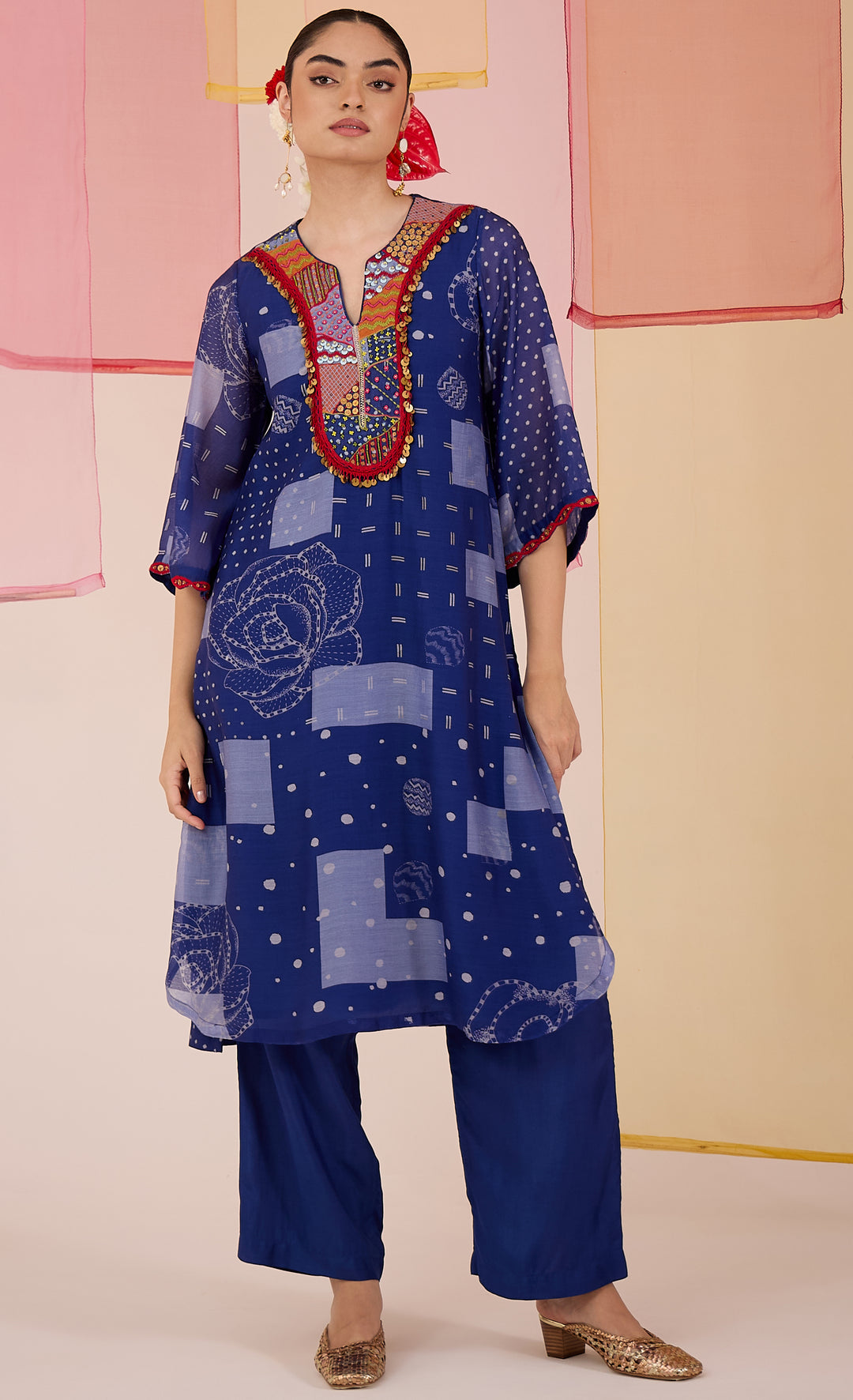 SAMAHAR: Blue Festive Cotton Silk Kurta Set