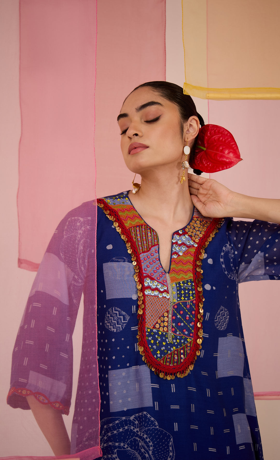 SAMAHAR: Blue Festive Cotton Silk Kurta Set with Farshi Salwar