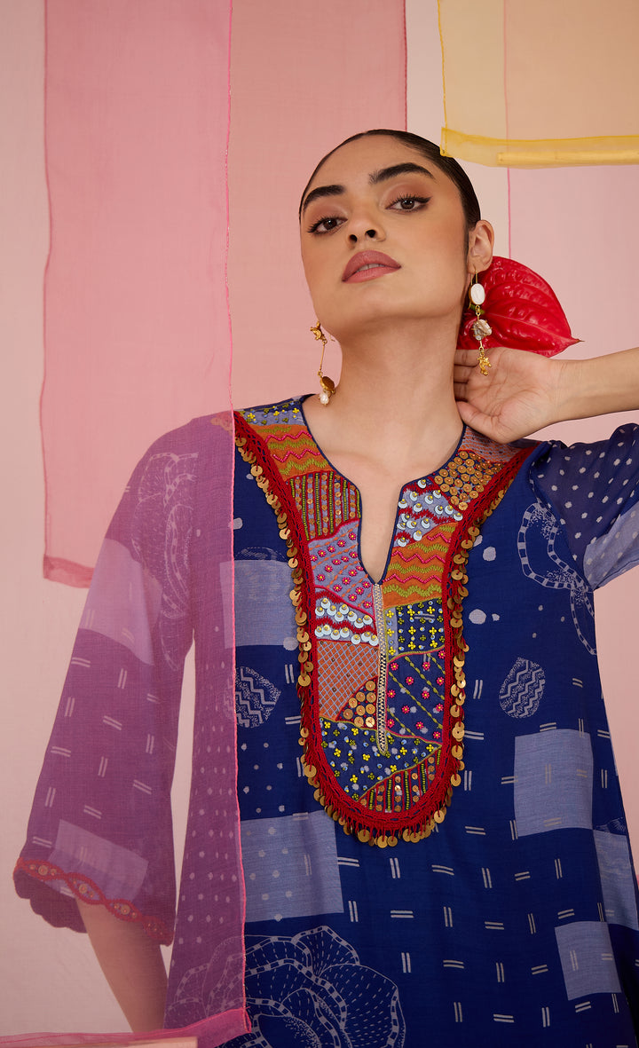 SAMAHAR: Blue Festive Cotton Silk Kurta-2