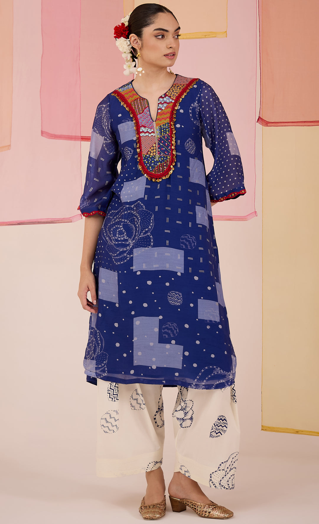 SAMAHAR: Blue Festive Cotton Silk Kurta Set