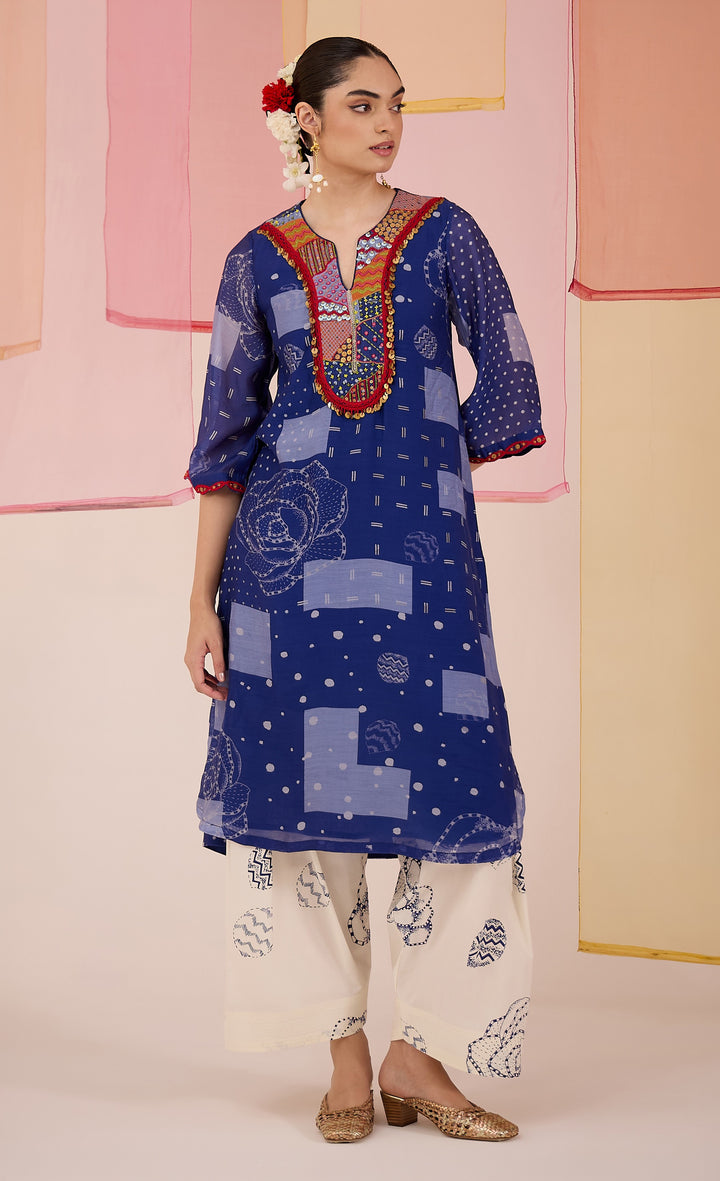 SAMAHAR: Blue Festive Cotton Silk Kurta Set with Farshi Salwar