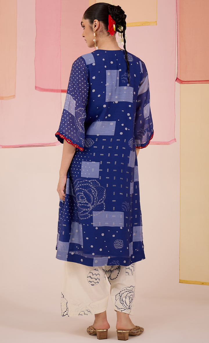 SAMAHAR: Blue Festive Cotton Silk Kurta Set