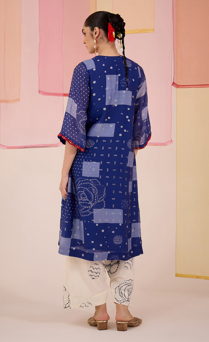 SAMAHAR: Blue Festive Cotton Silk Kurta Set with Farshi Salwar