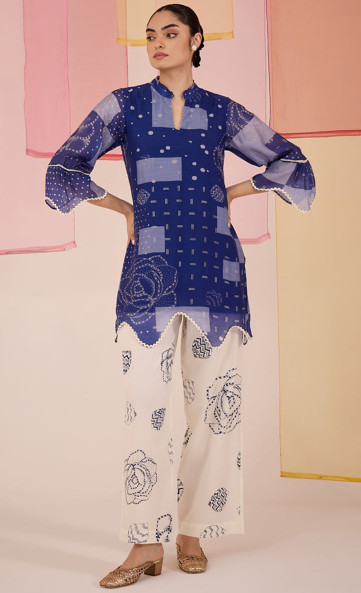 SAMAHAR: Blue Cotton Silk Scallop Co-ord Set