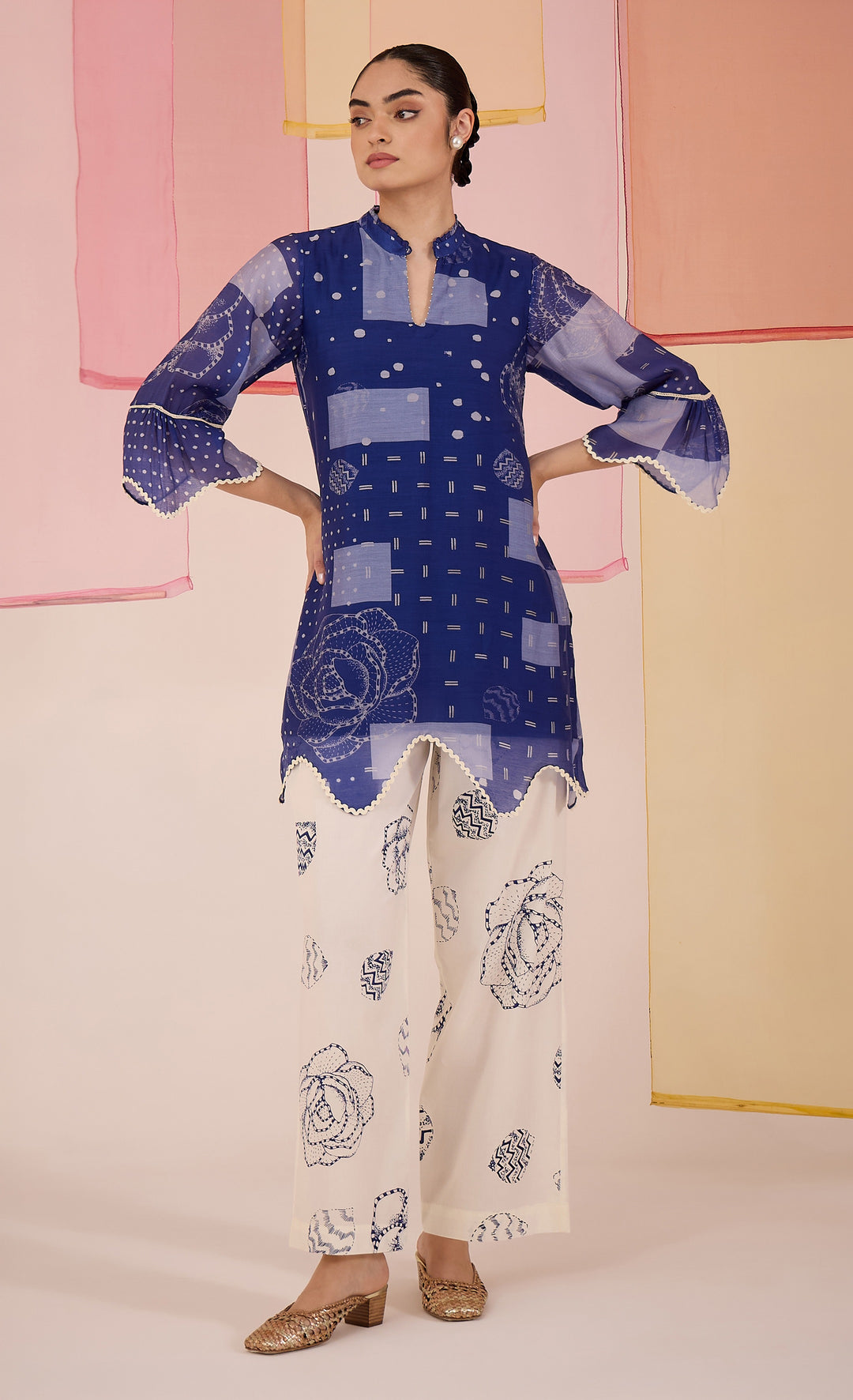 SAMAHAR: Blue Short Scallop Kurta with Wide Leg Pants