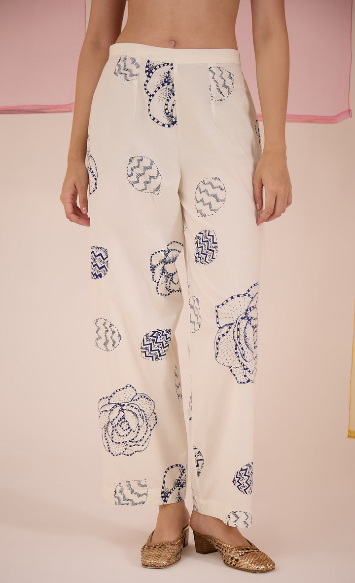 SAMAHAR: Blue Cotton Printed Pant
