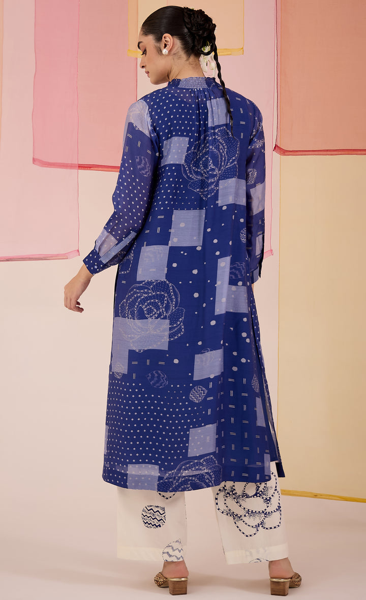 SAMAHAR: Blue Cotton Silk High Slit Kurta Set