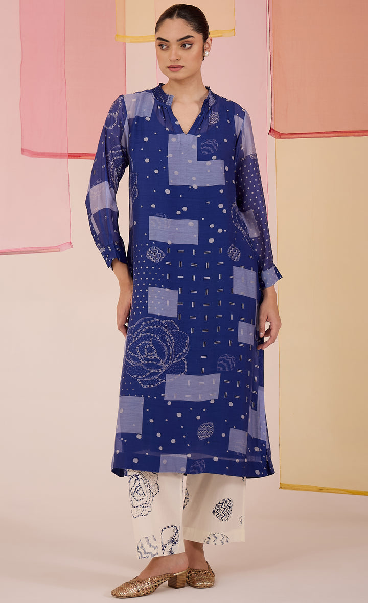 SAMAHAR: Blue Cotton Silk High Slit Kurta Set