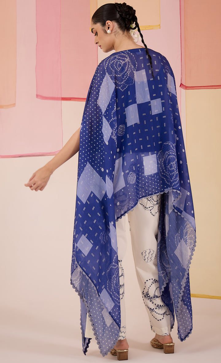 SAMAHAR: Blue Cotton Silk Cape Set