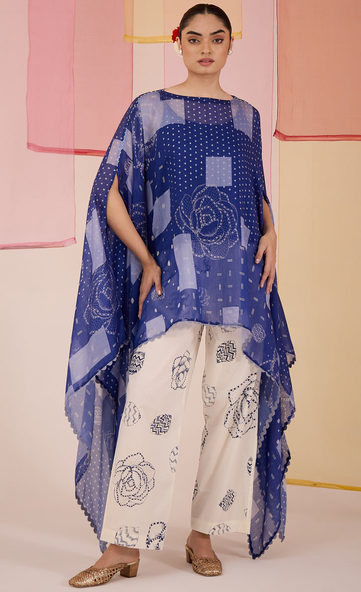 SAMAHAR: Blue Cotton Silk Cape Set