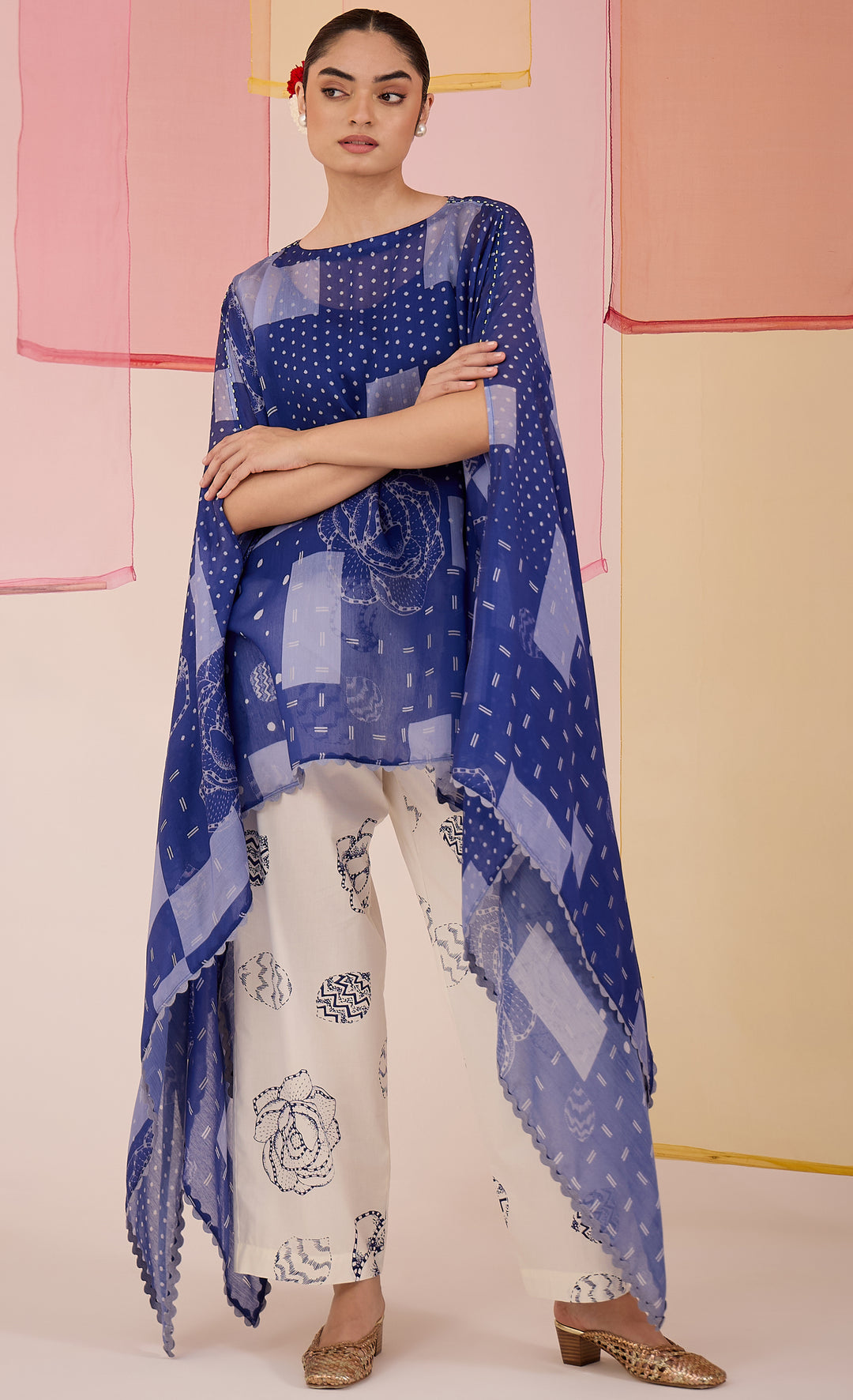 SAMAHAR: Blue Cotton Silk Cape Set