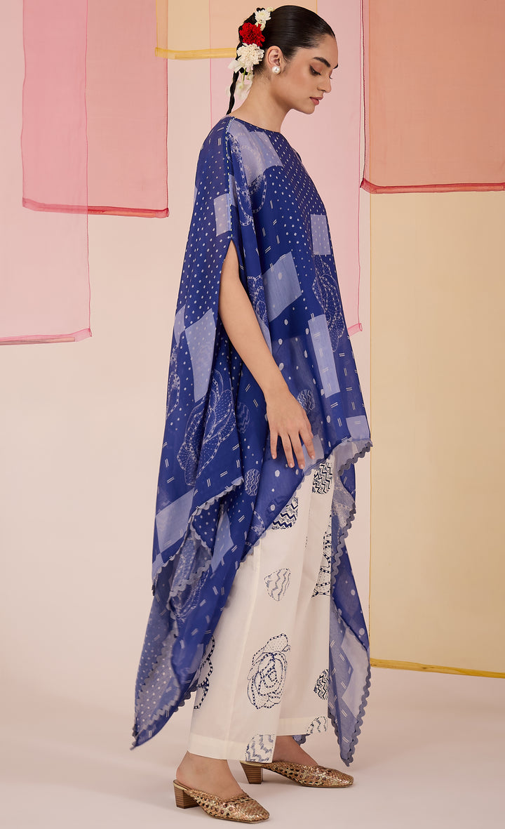 SAMAHAR: Blue Cotton Silk Cape Set