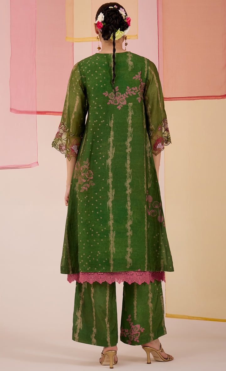 SAMAHAR: Green Cotton Silk Box Pleat Kurta