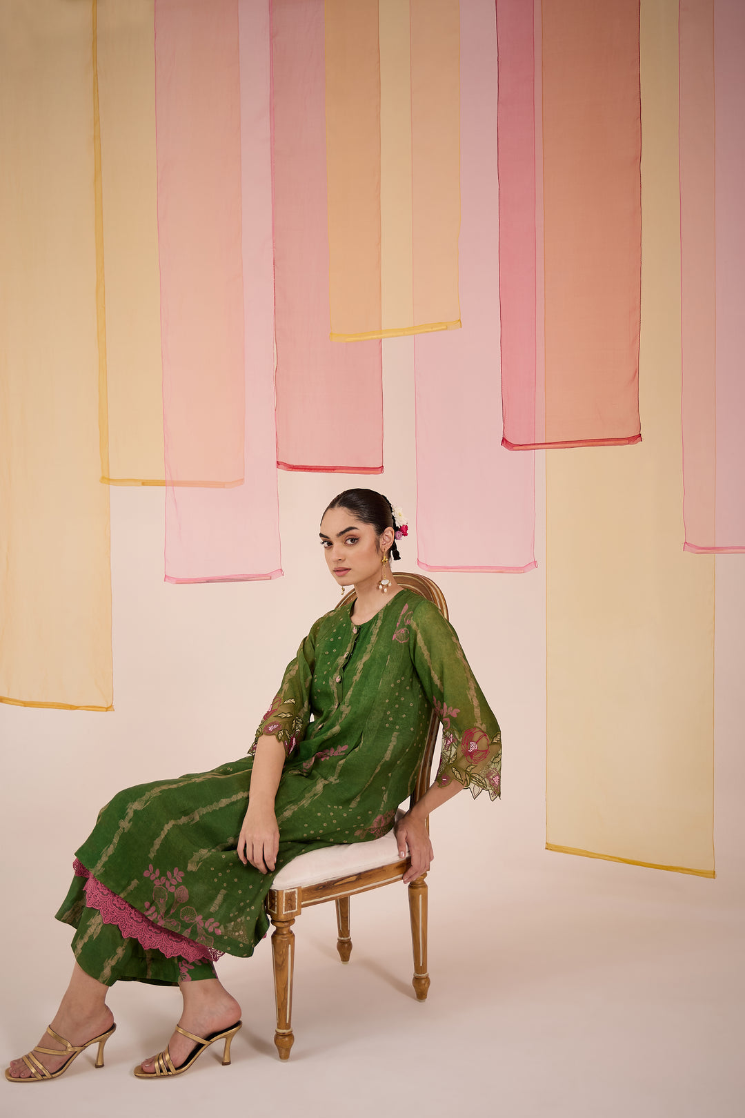SAMAHAR: Green Cotton Silk Box Pleat Kurta with Pant