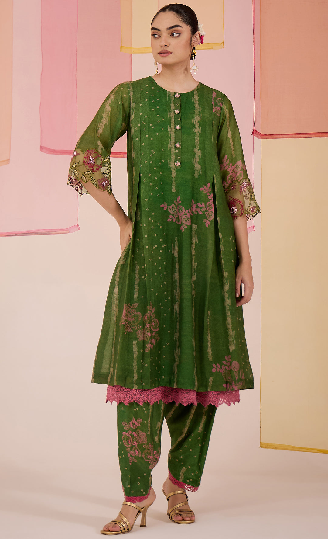 SAMAHAR: Green Cotton Silk Box Pleat Kurta with Tulip Salwar