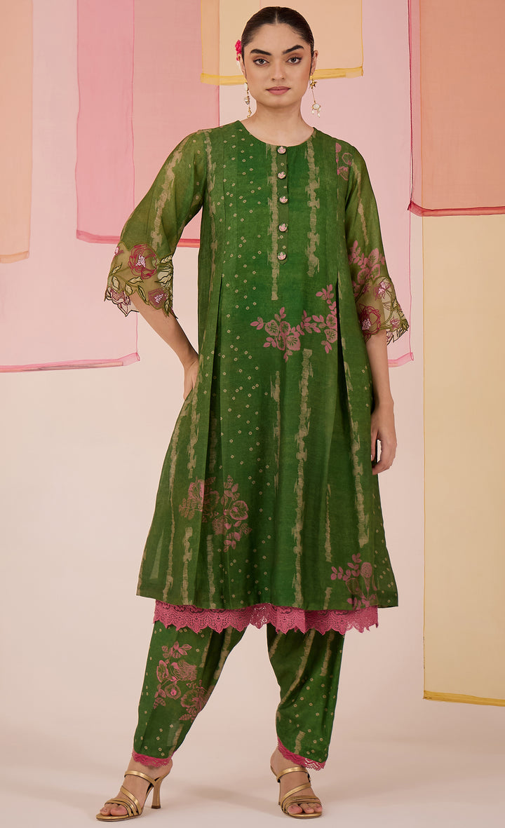 SAMAHAR: Green Cotton Silk Box Pleat Kurta with Tulip Salwar