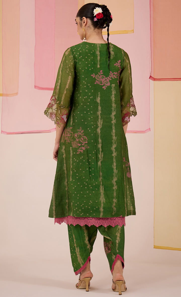 SAMAHAR: Green Cotton Silk Box Pleat Kurta with Tulip Salwar