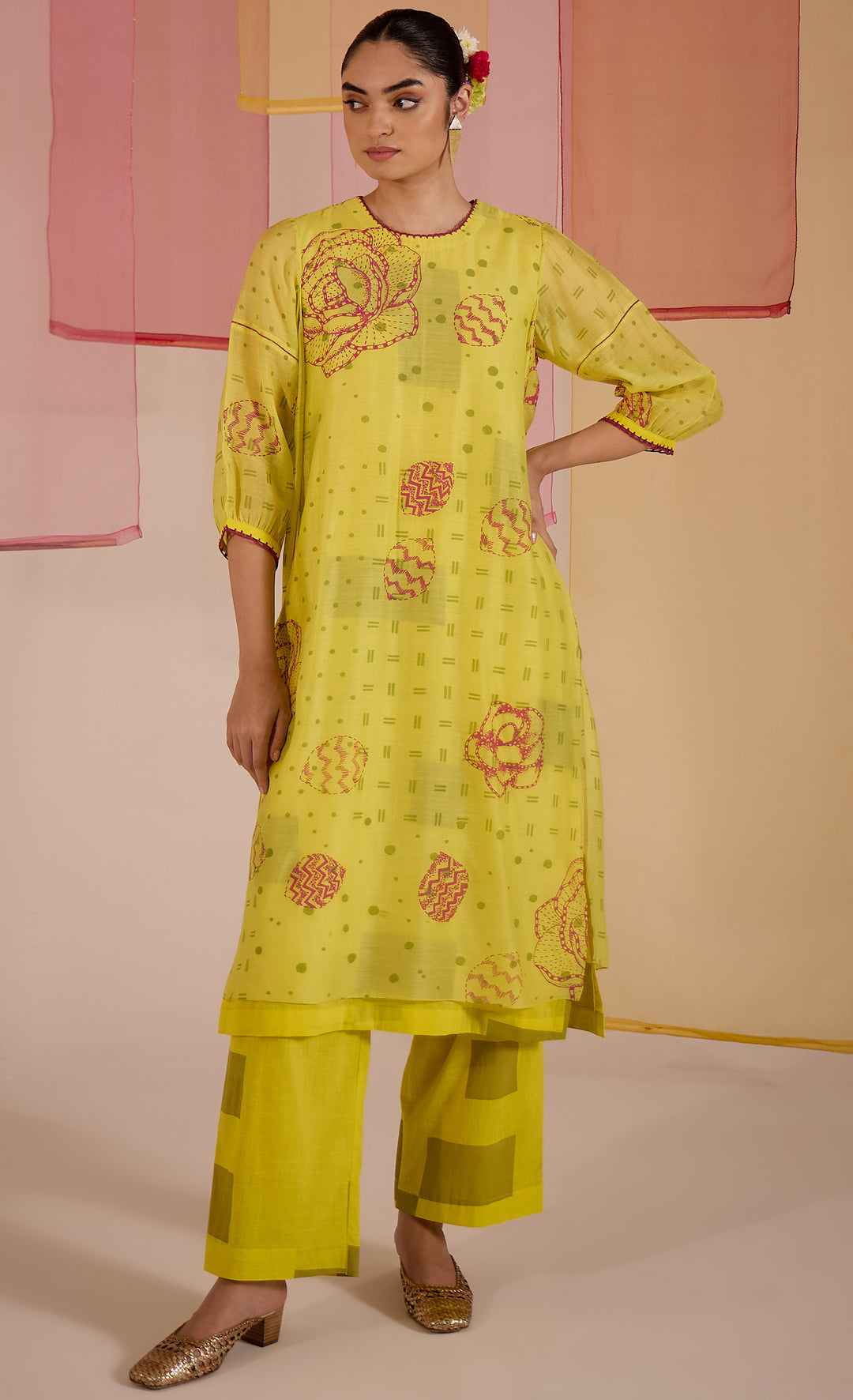 SAMAHAR: Olive Cotton Silk Layered Kurta Set