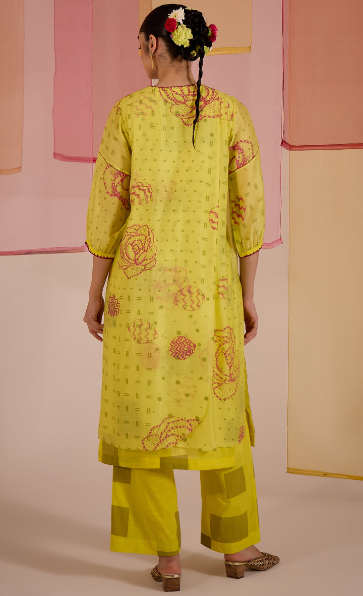SAMAHAR: Olive Cotton Silk Layered Kurta