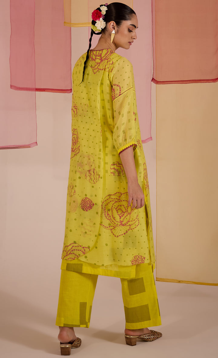 SAMAHAR: Olive Cotton Silk Layered Kurta Set