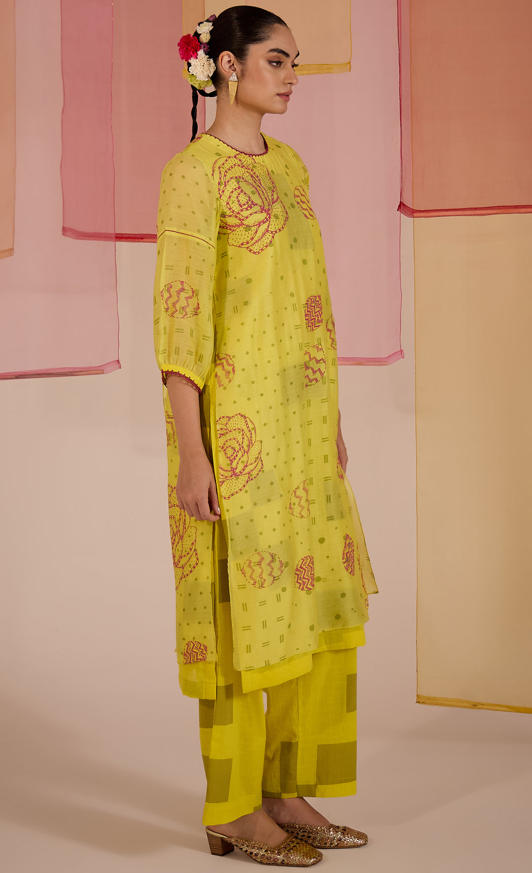 SAMAHAR: Olive Cotton Silk Layered Kurta