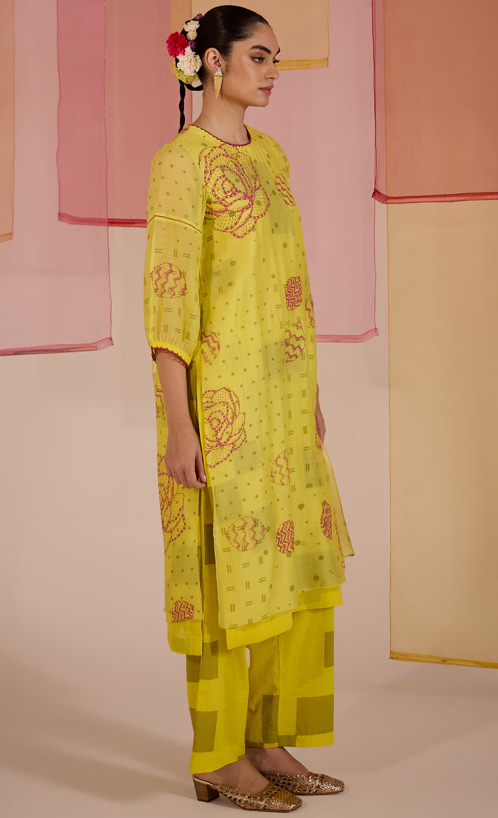 SAMAHAR: Olive Cotton Silk Layered Kurta