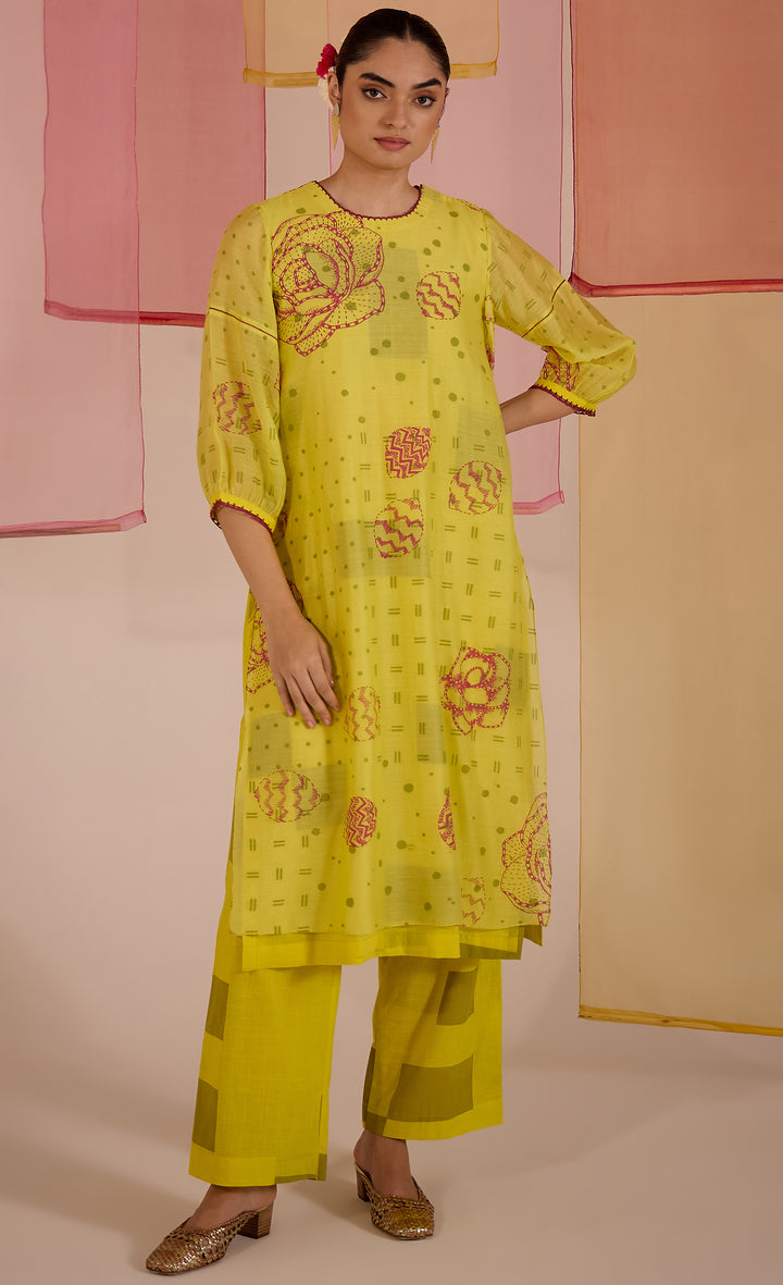 SAMAHAR: Olive Cotton Silk Layered Kurta