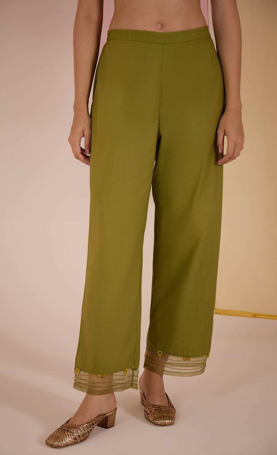SAMAHAR: Olive Green Cotton Pintuck Pant