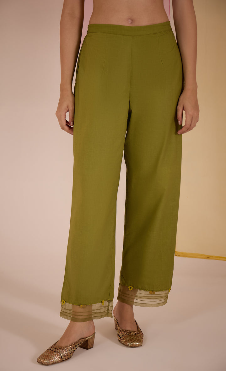 SAMAHAR: Olive Green Cotton Pintuck Pant