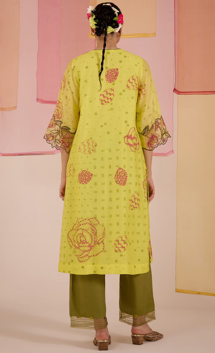 SAMAHAR: Olive Cotton Silk Pintuck Kurta