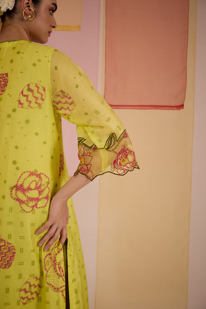 SAMAHAR: Olive Cotton Silk Pintuck Kurta