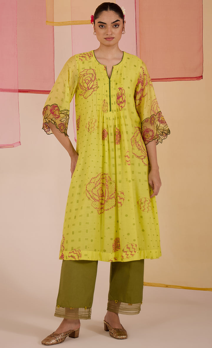 SAMAHAR: Olive Cotton Silk Pintuck Kurta