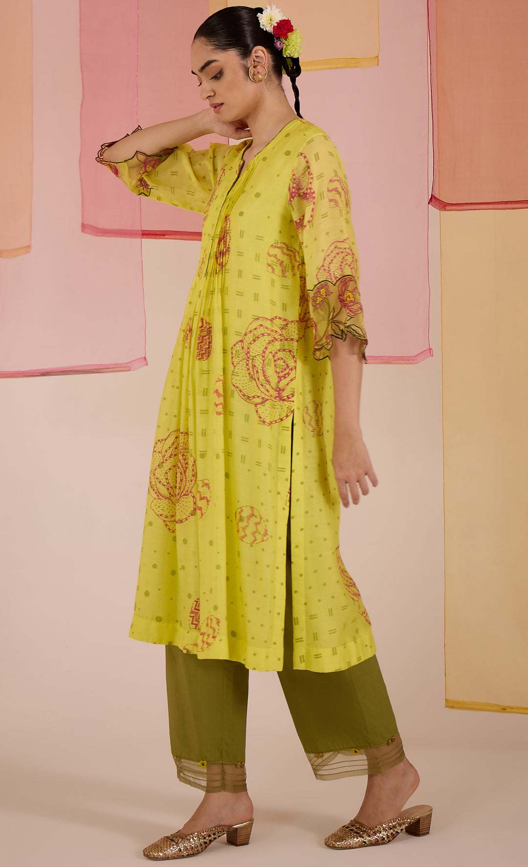SAMAHAR: Olive Cotton Silk Pintuck Kurta