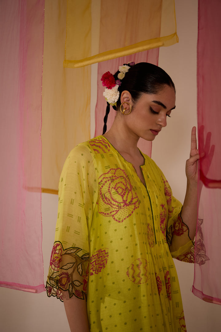 SAMAHAR: Olive Cotton Silk Pintuck Kurta
