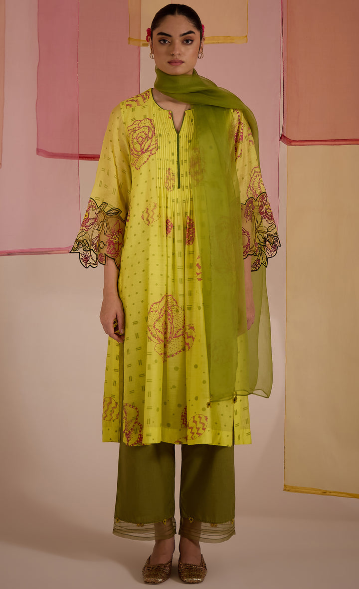 SAMAHAR: Olive Cotton Silk Pintuck Kurta Set