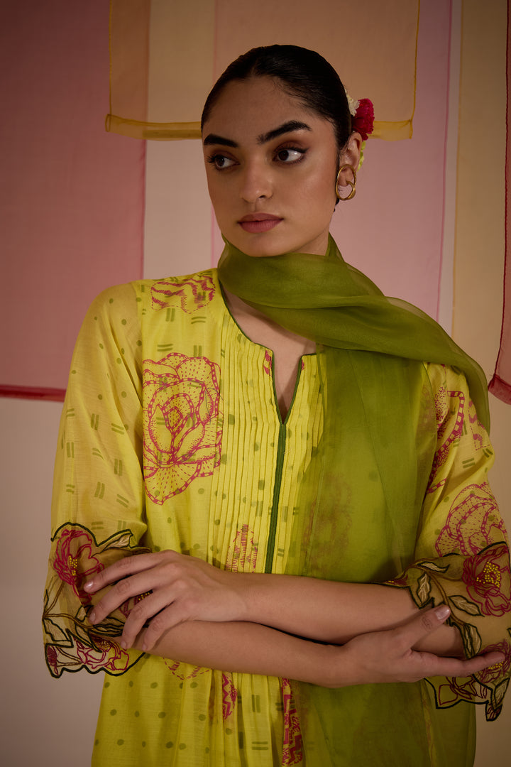 SAMAHAR: Olive Cotton Silk Pintuck Kurta Set