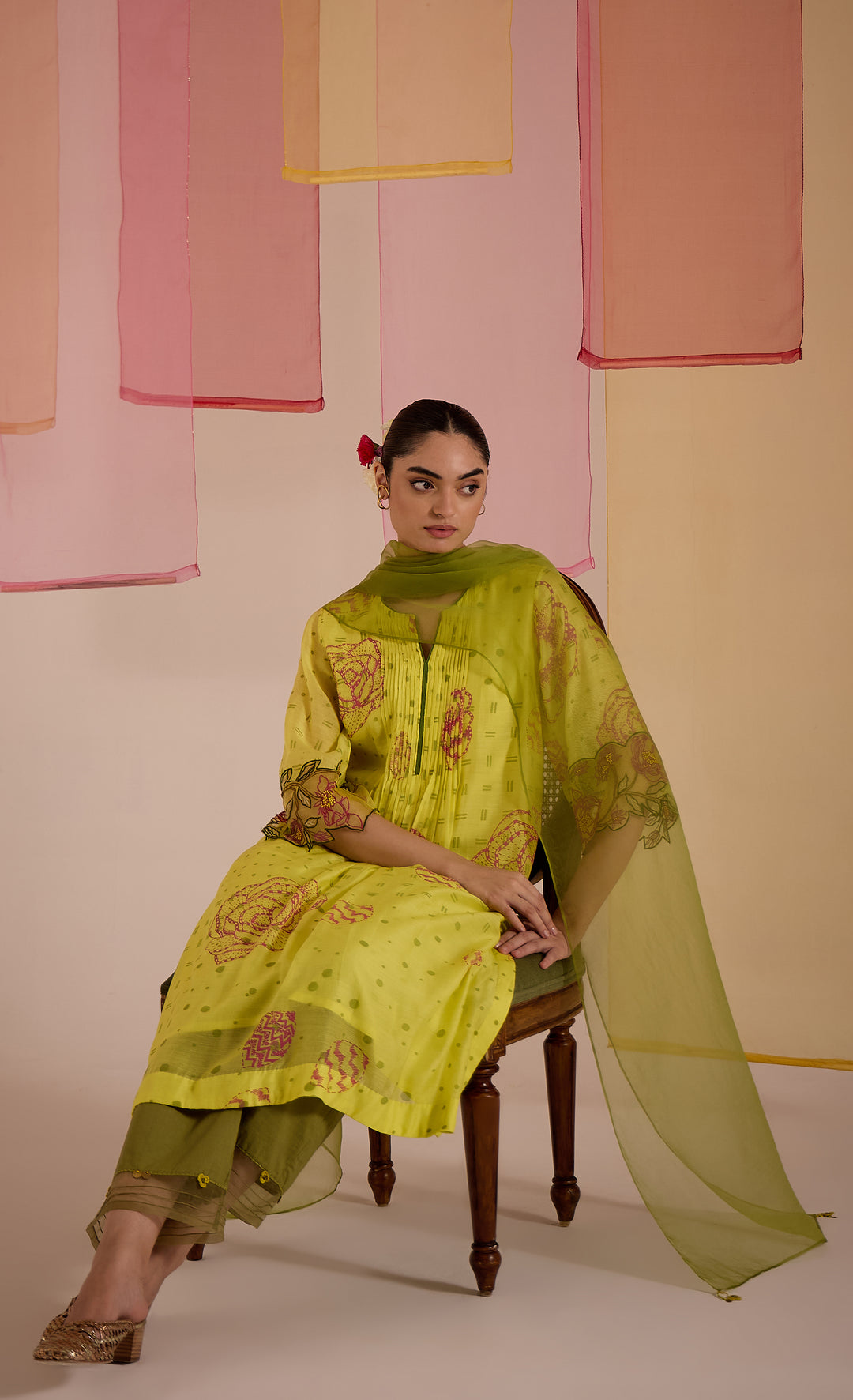 SAMAHAR: Olive Cotton Silk Pintuck Kurta Set