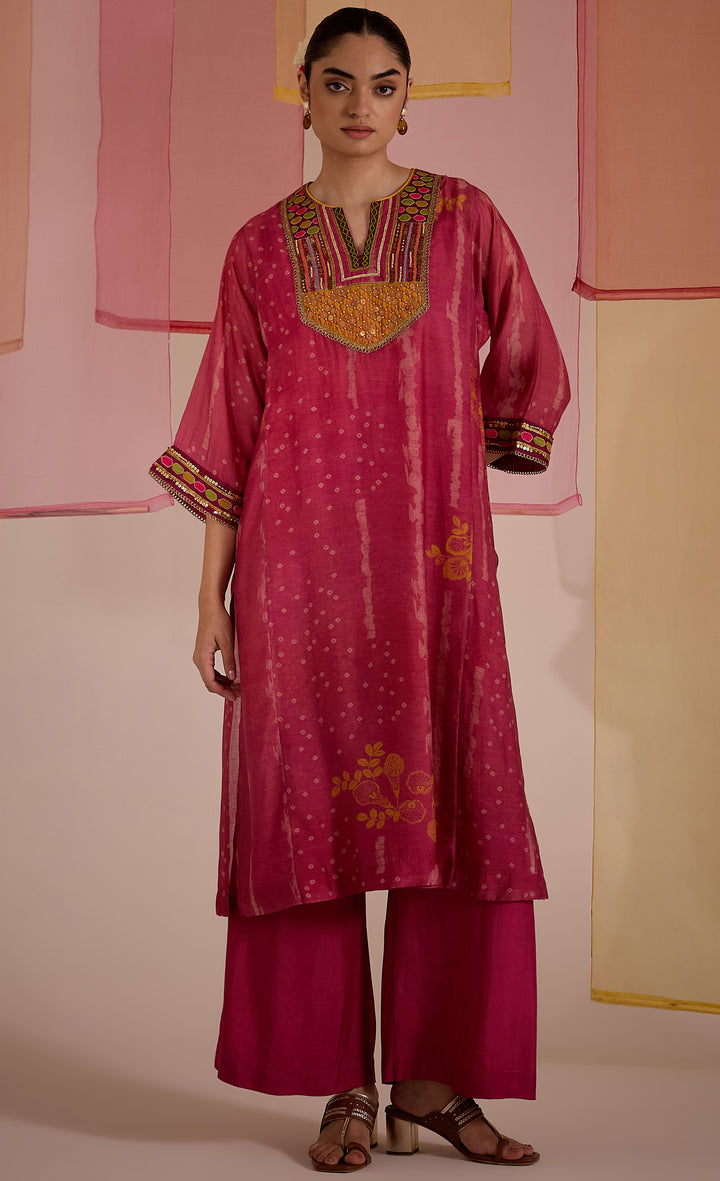 SAMAHAR: Blush Pink Cotton Silk Embroidered Kurta
