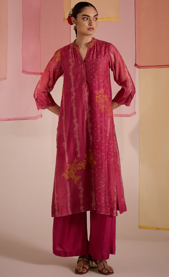 SAMAHAR: Blush Pink Cotton Silk High Slit Kurta Set