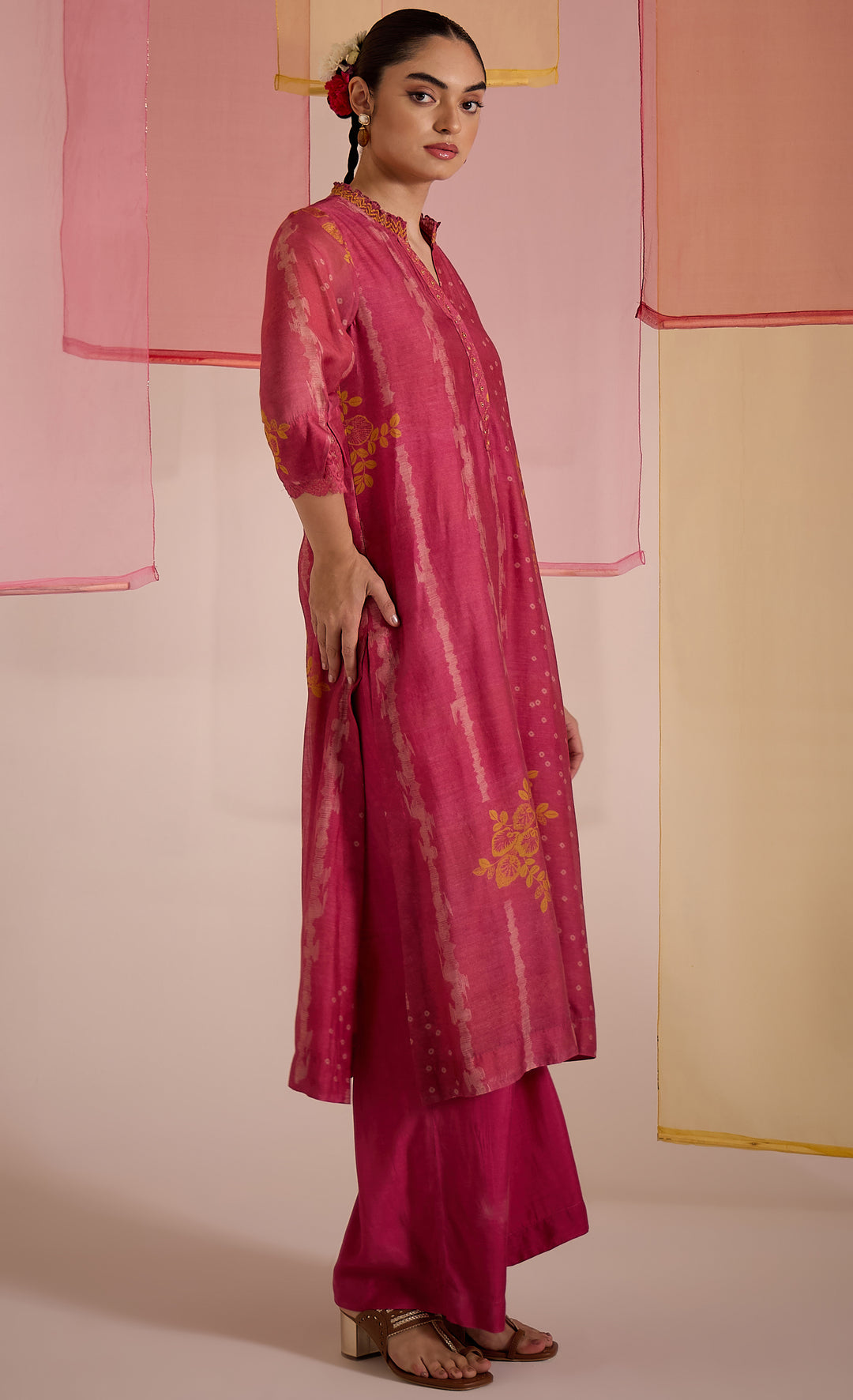 SAMAHAR: Blush Pink Cotton Silk High Slit Kurta Set