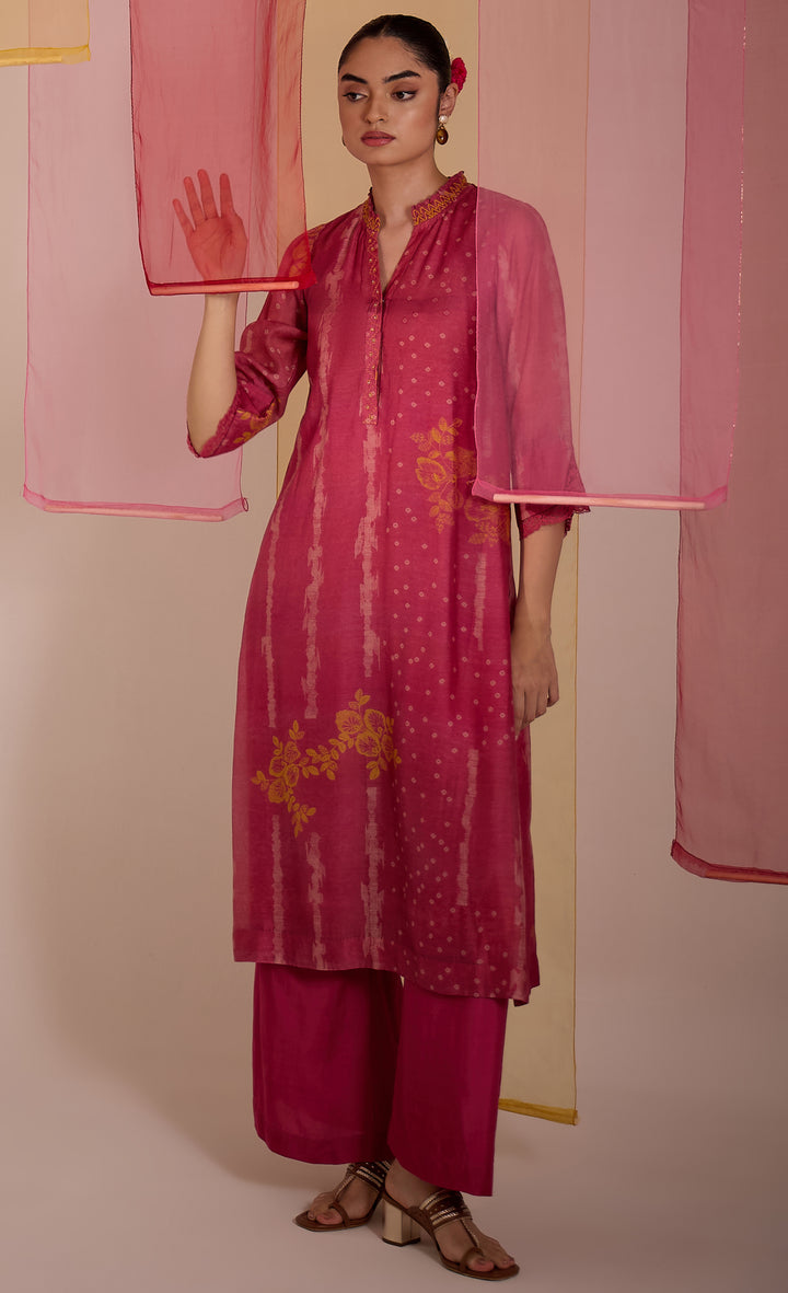SAMAHAR: Blush Pink Cotton Silk High Slit Kurta Set