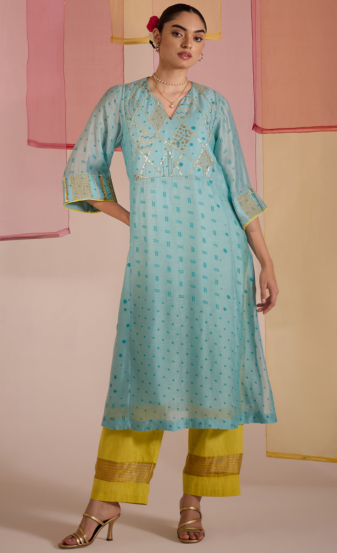 SAMAHAR: Turq Cotton Silk Big Yok Kurta