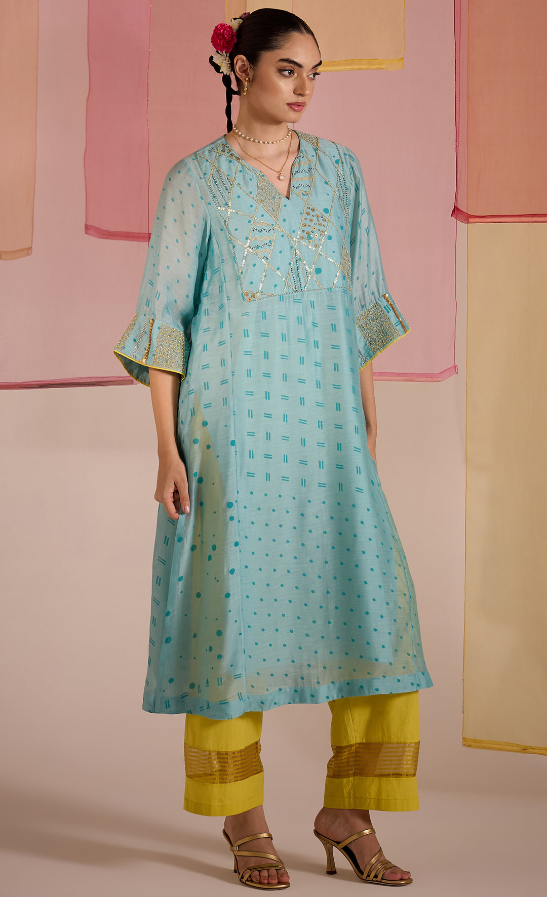 SAMAHAR: Turq Cotton Silk Big Yok Kurta