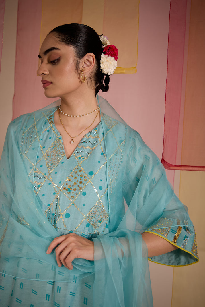 SAMAHAR: Turq Cotton Silk Big Yok Kurta set