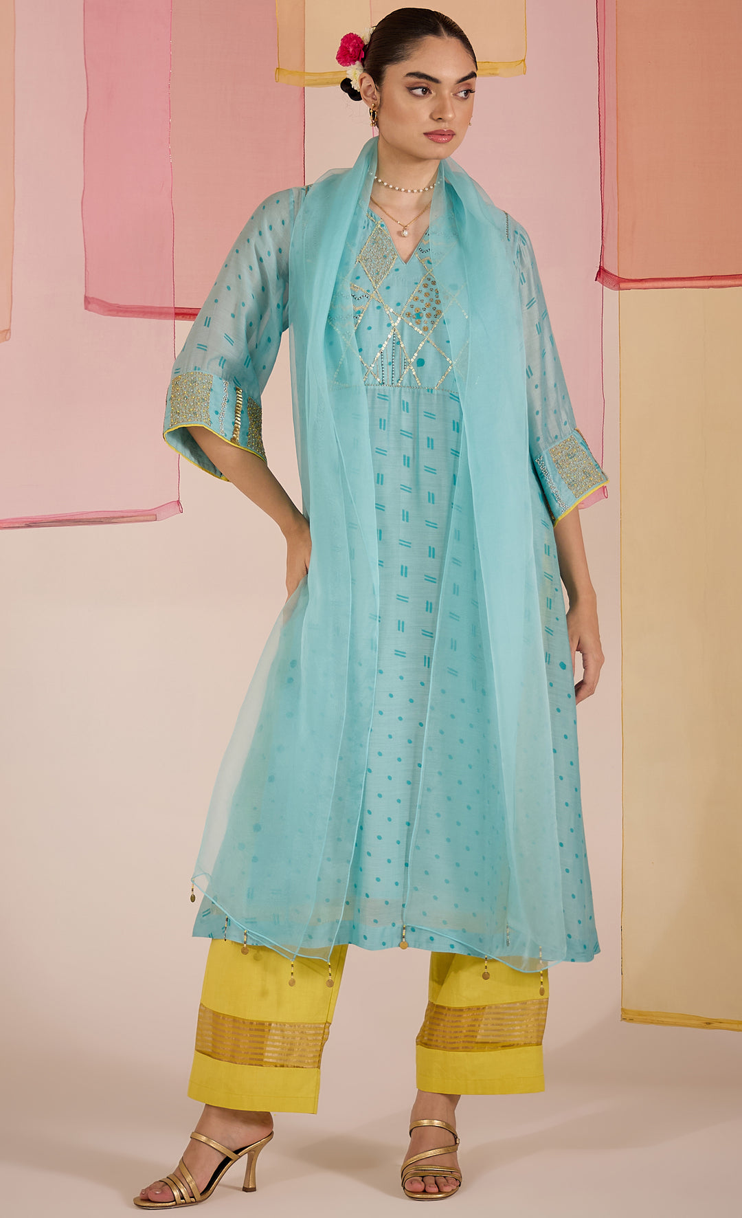 SAMAHAR: Turq Cotton Silk Big Yok Kurta set