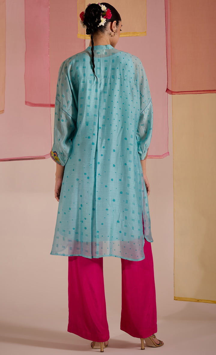 SAMAHAR: Turq Cotton Silk Multicolour Yok Kimono