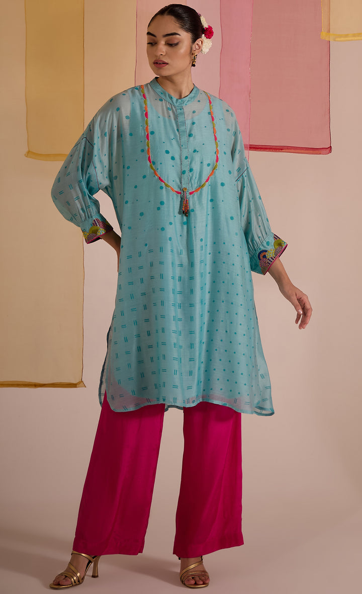 SAMAHAR: Turq Cotton Silk Multicolour Yok Kimono