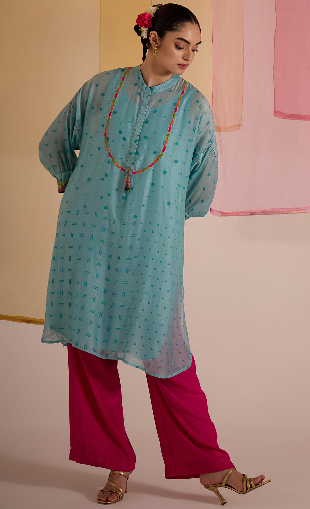 SAMAHAR: Turq Cotton Silk Multicolour Yok Kimono Set