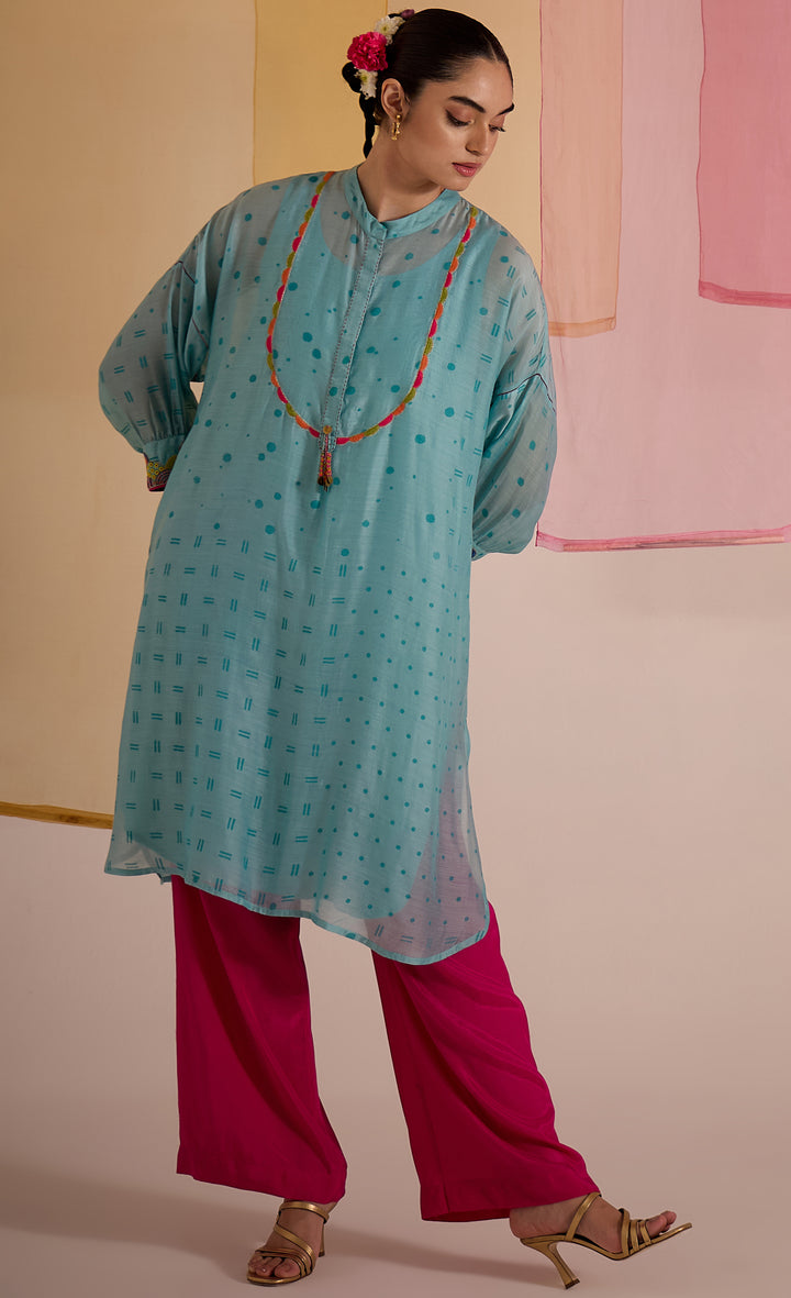 SAMAHAR: Turq Cotton Silk Multicolour Yok Kimono Set