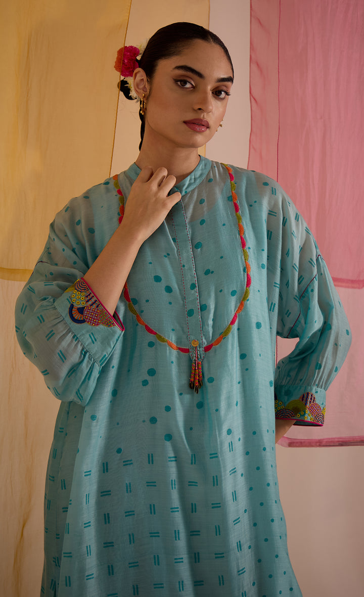 SAMAHAR: Turq Cotton Silk Multicolour Yok Kimono
